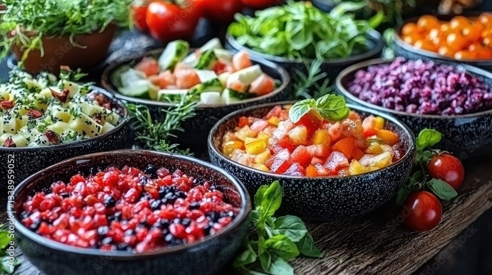 Colorful bowls of various fresh salads. Colorful bowls of various fresh salads.