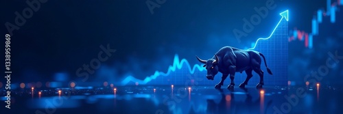 Abstract blue stock market icon with rising graph and bull symbol, trading, growth