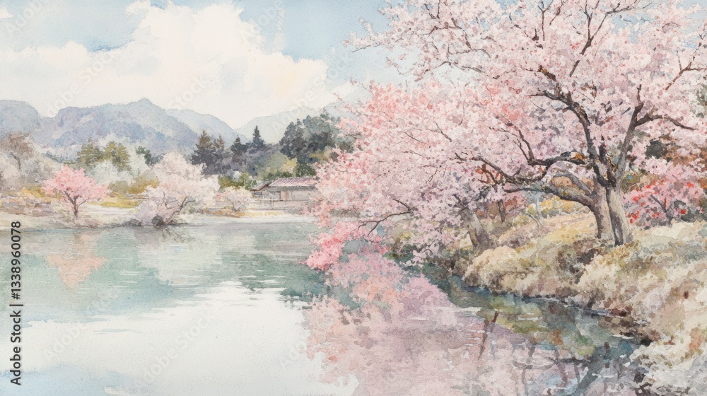 Spring Cherry Blossoms Reflect on Calm Japanese Lake Spring Cherry Blossoms Reflect on Calm Japanese Lake