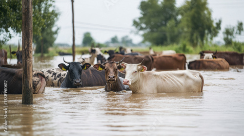 Flooded farmland with cows standing in water, showcasing impact of heavy rainfall. scene reflects challenges faced by livestock in adverse weather conditions