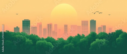 A vibrant sunset over a city skyline surrounded by lush greenery and serene atmosphere.
