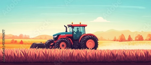 A vibrant tractor working the field under a colorful sky, symbolizing modern agriculture.
