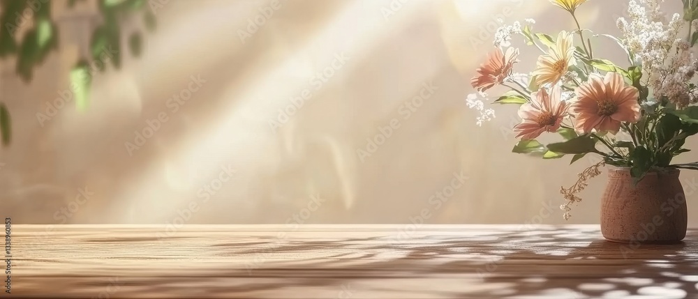 Beautiful bouquet of flowers in a vase on a wooden table, illuminated by soft natural light. Beautiful bouquet of flowers in a vase on a wooden table, illuminated by soft natural light.