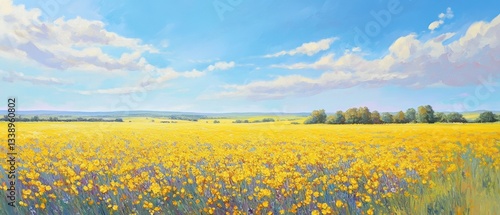 A vibrant yellow flower field under a bright blue sky, showcasing nature's beauty.