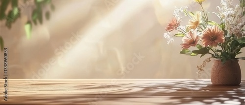 Beautiful bouquet of flowers in a vase on a wooden table, illuminated by soft natural light.