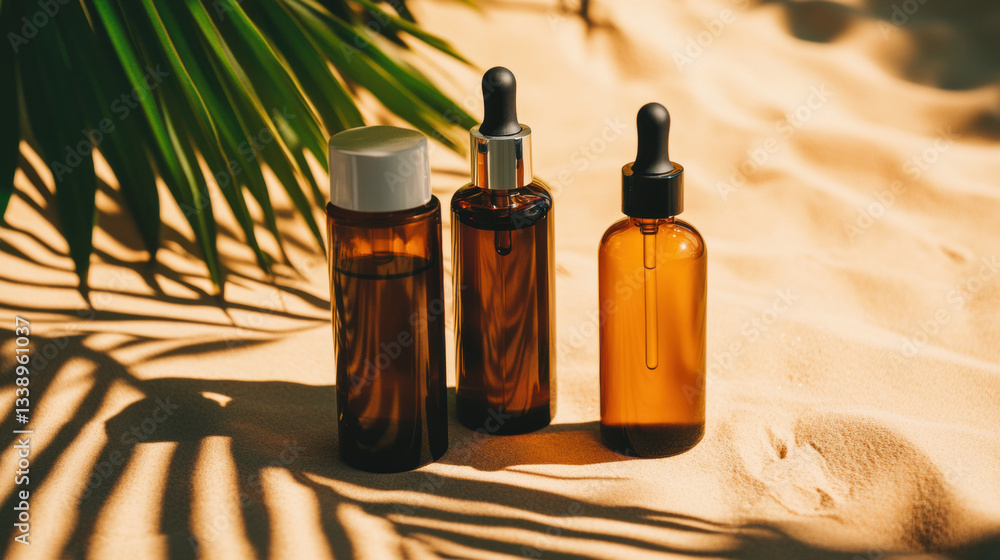 Fototapeta premium Natural skincare oils in amber bottles on sandy beach with palm leaves