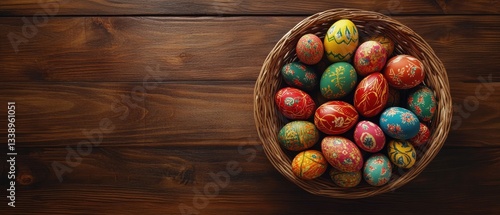 Colorful Easter eggs arranged in a rustic wooden basket on a table.
