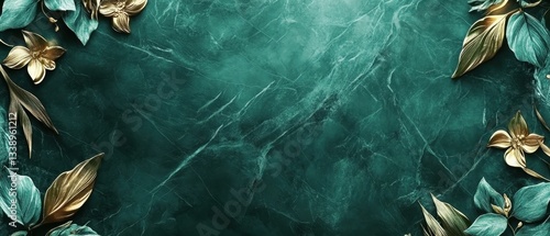 Elegant green marble background with golden leaves for design and decoration.