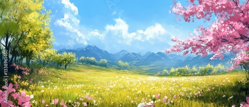 Vibrant meadow landscape with colorful flowers, trees, and stunning blue skies.