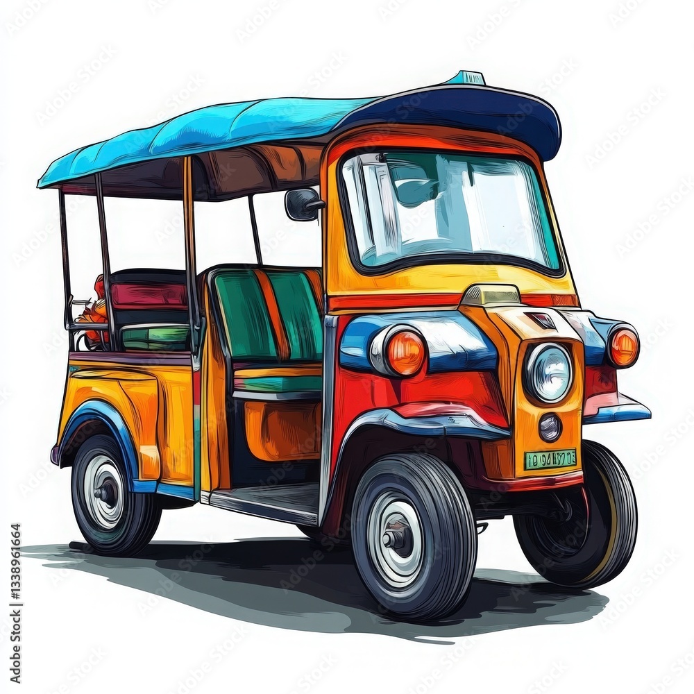 Fototapeta premium Colorful Three Wheeled Tuk Tuk Illustration on White