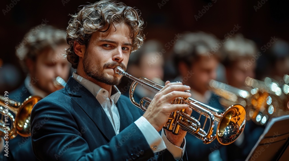 Obraz premium Young man plays trumpet in orchestra.