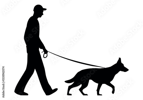 Silhouette of a person walking a dog on a leash.