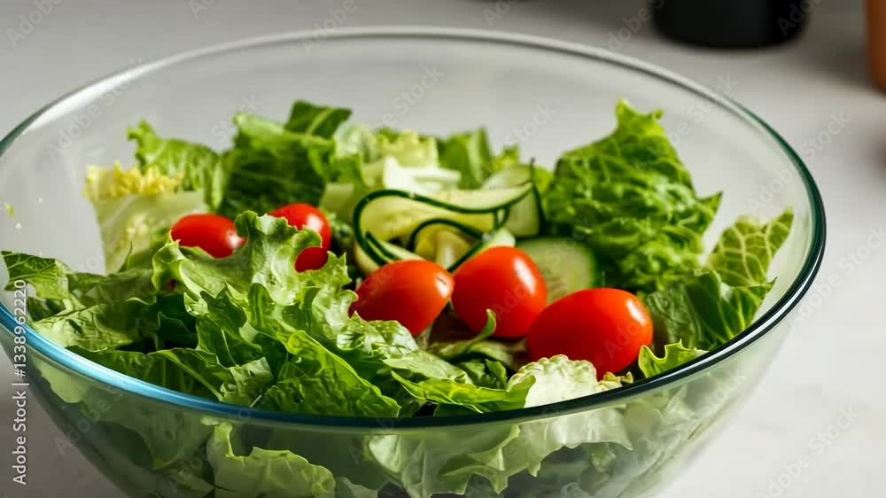 Fresh salad preparation with vibrant vegetables in glass bowl Fresh salad preparation with vibrant vegetables in glass bowl