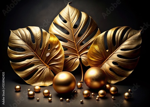 Luxurious Golden Monstera Leaves & Spheres - Botanical Dark Background Stock Photo