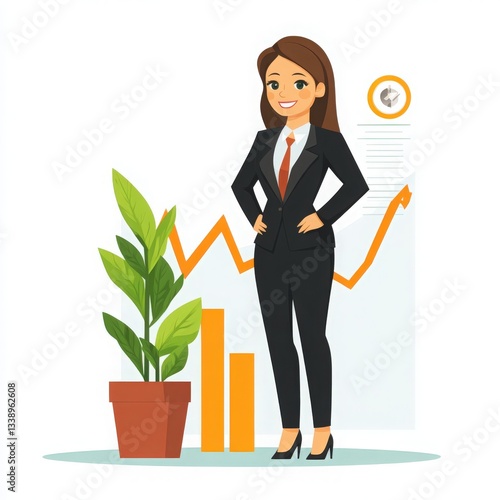 Confident Businesswoman in Black Suit Posing Near Growth Chart and Plant