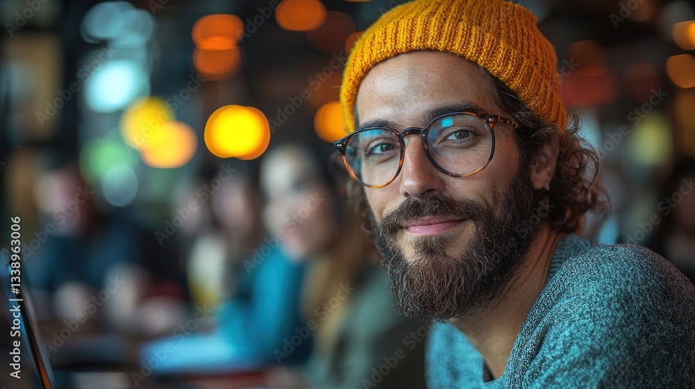 Smiling man in beanie and glasses at cafe. Smiling man in beanie and glasses at cafe.