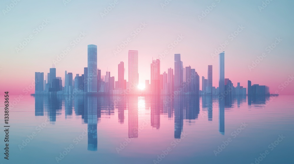 Serene Cityscape at Sunrise Modern Metropolis Reflected in Calm Waters Serene Cityscape at Sunrise Modern Metropolis Reflected in Calm Waters