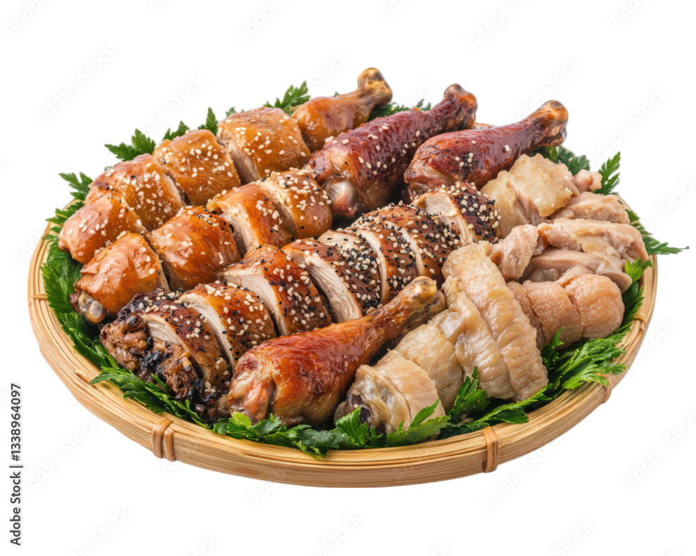 platter of sweet and sour chicken drumsticks and wings, beautifully arranged with sesame seeds and garnished with fresh greens, perfect for sharing at gatherings platter of sweet and sour chicken drumsticks and wings, beautifully arranged with sesame seeds and garnished with fresh greens, perfect for sharing at gatherings