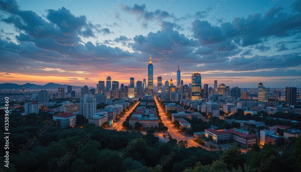 Naklejka premium Gorgeous Cityscape at Dusk with a Bright Skyline and a Background of Illuminated Roads