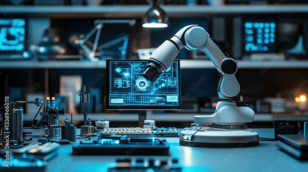 Robotic arm in a modern laboratory, inspecting circuit board Robotic arm in a modern laboratory, inspecting circuit board
