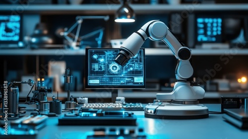 Robotic arm in a modern laboratory, inspecting circuit board