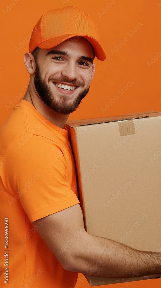 Cheerful Delivery Guy in Orange Uniform Holding Cardboard Box with Smile Cheerful Delivery Guy in Orange Uniform Holding Cardboard Box with Smile