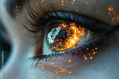 Vision of Tomorrow: A close-up shot of a human eye with a network of sparkling lights within, suggesting a glimpse into a technological future and the power of foresight.