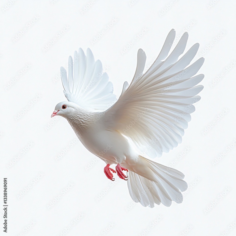 Obraz premium A serene white dove in mid-flight, symbolizing peace and freedom, perfect for events like weddings, religious ceremonies, and peace-themed designs.