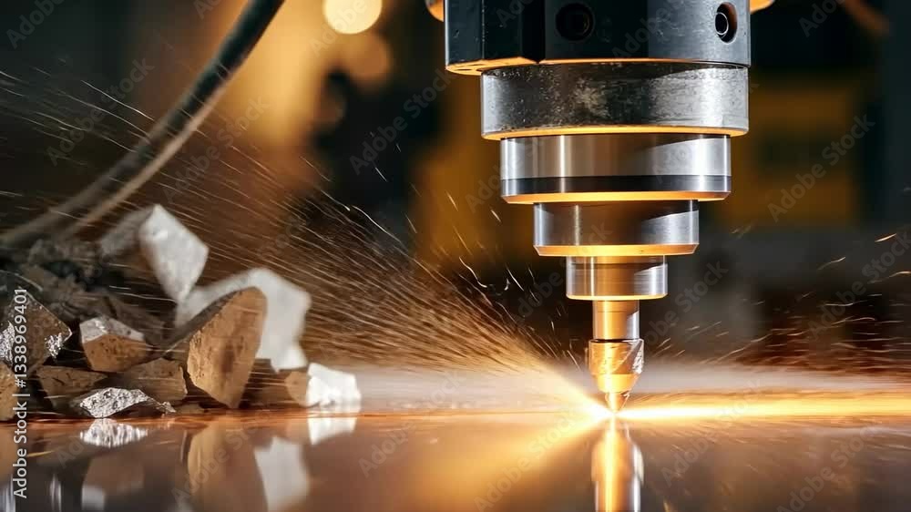 Intense metal drilling sparks emanating from industrial machine in precision workshop Intense metal drilling sparks emanating from industrial machine in precision workshop