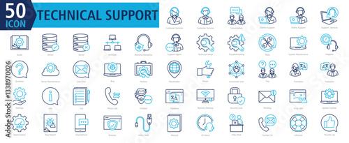 Technical Support Icon Set with Customer Services, Customer Services, Conversation, Online Support, Online Support, Support Services, Guide, Server, Server and Network	