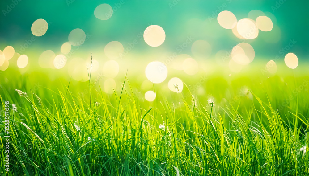 Fototapeta premium Bright green grass shines under sunlight with soft bokeh effects in the background