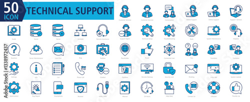 Technical Support Icon Set with Customer Services, Customer Services, Conversation, Online Support, Online Support, Support Services, Guide, Server, Server and Network	