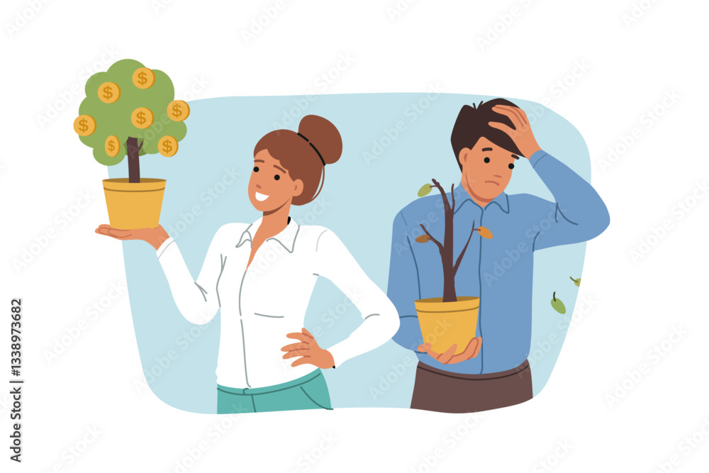 Difference in income is demonstrated by money tree in hands of rich woman standing next to poor colleague. Beggar man upset about difference in income compared to more successful investor.