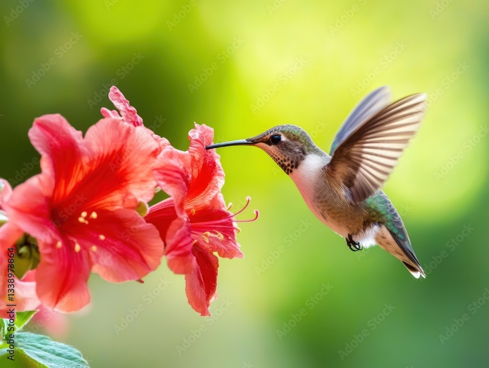 Fototapeta premium Hummingbird feeding on azalea, garden background, nature photography