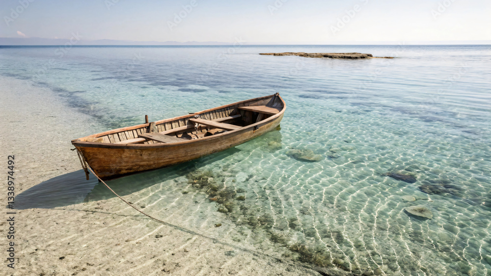 Naklejka premium Tranquil Wooden Boat Anchored in Crystal Clear Water Under Bright Blue Sky