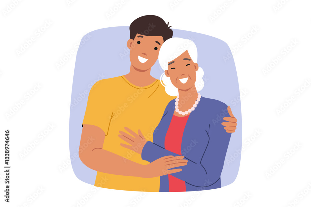 Happy son hugs smiling elderly mother, demonstrating unity of generations and caring for family. Elderly lady with adult grandson, for concept of good relationship between loved ones