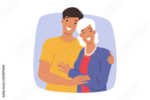 Obraz na płótnie Happy son hugs smiling elderly mother, demonstrating unity of generations and caring for family. Elderly lady with adult grandson, for concept of good relationship between loved ones w salonie