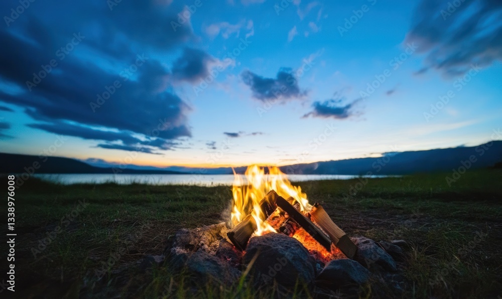 Obraz premium Campfire lake sunset nature landscape