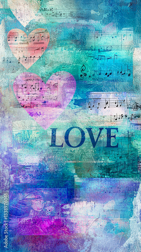 Wallpaper Mural Colorful abstract art displays two hearts intertwined with musical notes, emphasizing the theme of love in a creative and expressive way Torontodigital.ca
