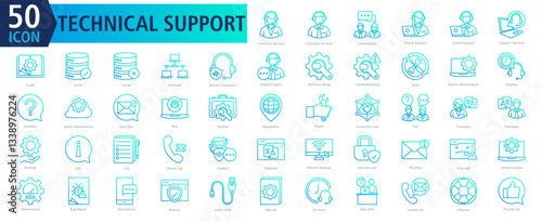 Technical Support Icon Set with Customer Services, Customer Services, Conversation, Online Support, Online Support, Support Services, Guide, Server, Server and Network	