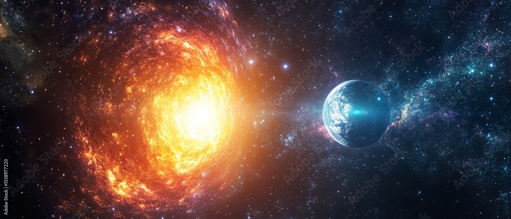 Obraz premium A bright orange sun is surrounded by a cloud of gas and dust