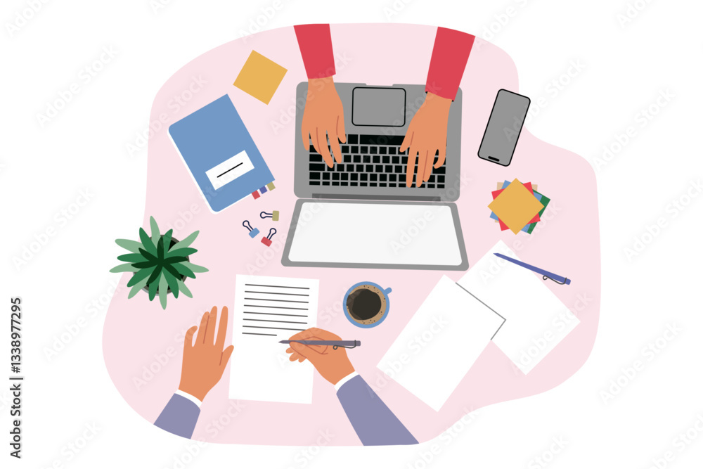 Hands of business people working in office at one table, typing on laptop and signing documents. Top view of workplace of freelancers doing business and providing accounting or legal services