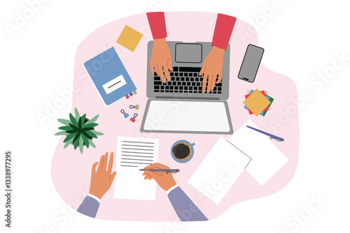 Obraz na płótnie Hands of business people working in office at one table, typing on laptop and signing documents. Top view of workplace of freelancers doing business and providing accounting or legal services w salonie