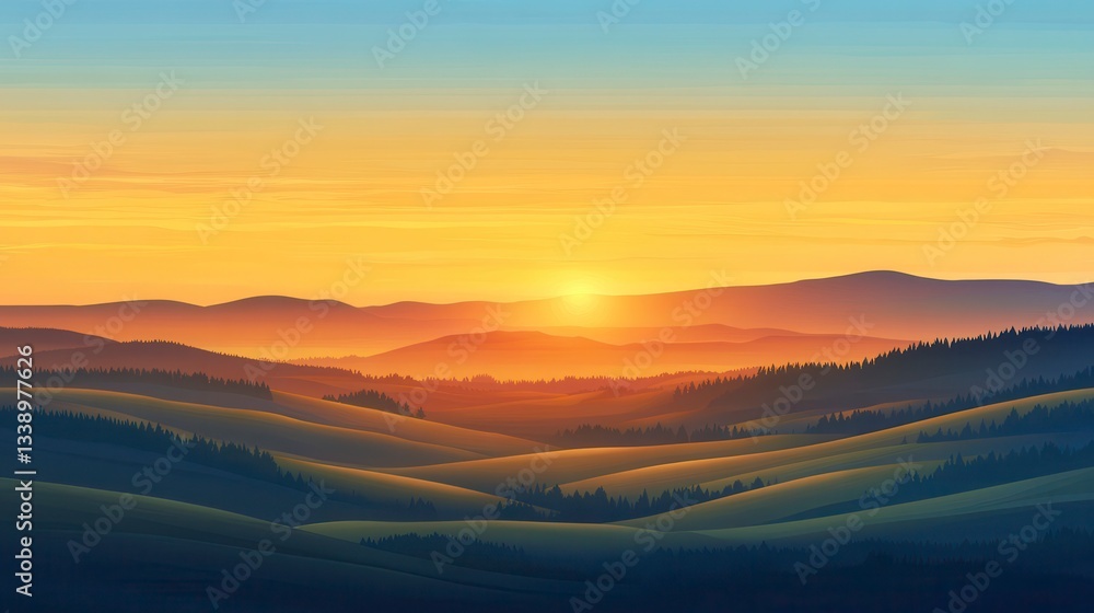 Serene Sunset Over Rolling Hills and Mountains Serene Sunset Over Rolling Hills and Mountains