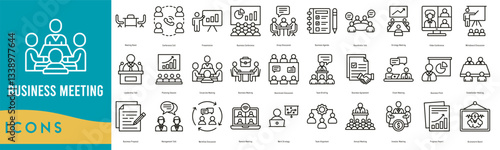 Business Meeting icon set. Meeting Room, Conference Call, Presentation, Business Conference, Group Discussion, Business Agenda and Roundtable Talk
