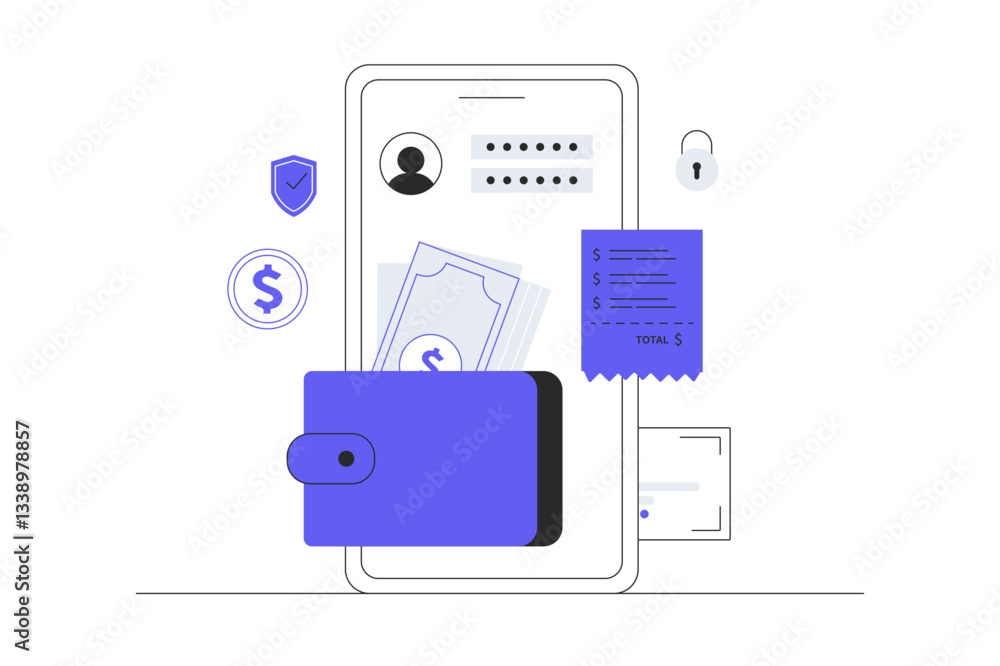 E-wallet, mobile banking, online payment. Doing digital transaction with mobile phone. Flat Cartoon Vector Illustration, icon. Stylish abstract design for website E-wallet, mobile banking, online payment. Doing digital transaction with mobile phone. Flat Cartoon Vector Illustration, icon. Stylish abstract design for website