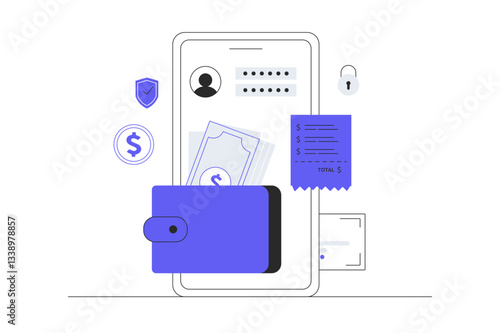 E-wallet, mobile banking, online payment. Doing digital transaction with mobile phone. Flat Cartoon Vector Illustration, icon. Stylish abstract design for website