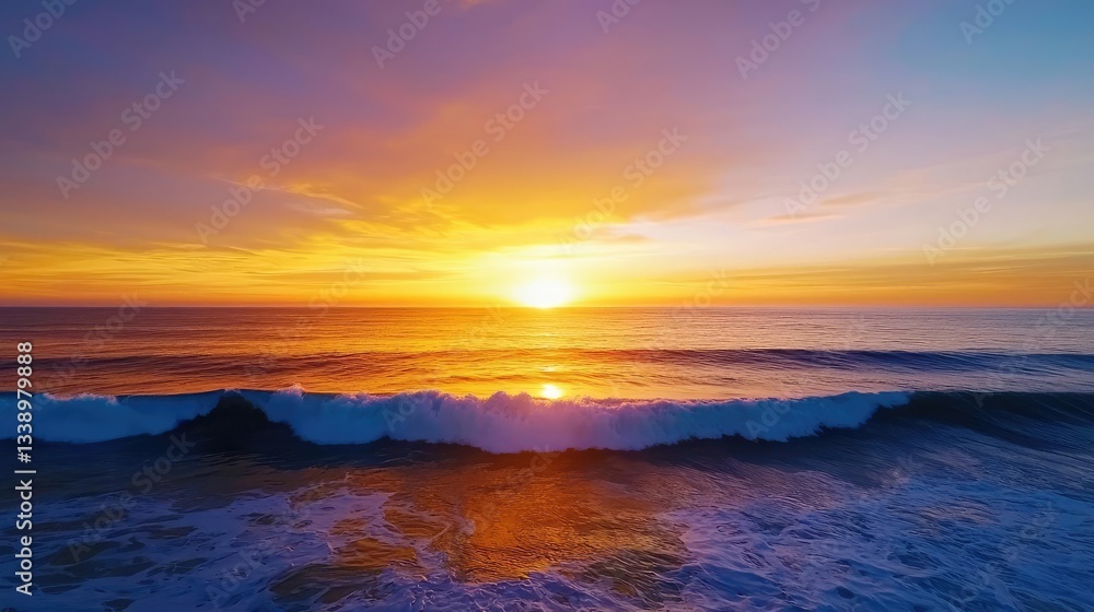 Naklejka premium Sunset over ocean landscapes concept. Stunning sunset over ocean waves, illuminating the sky with vibrant colors.