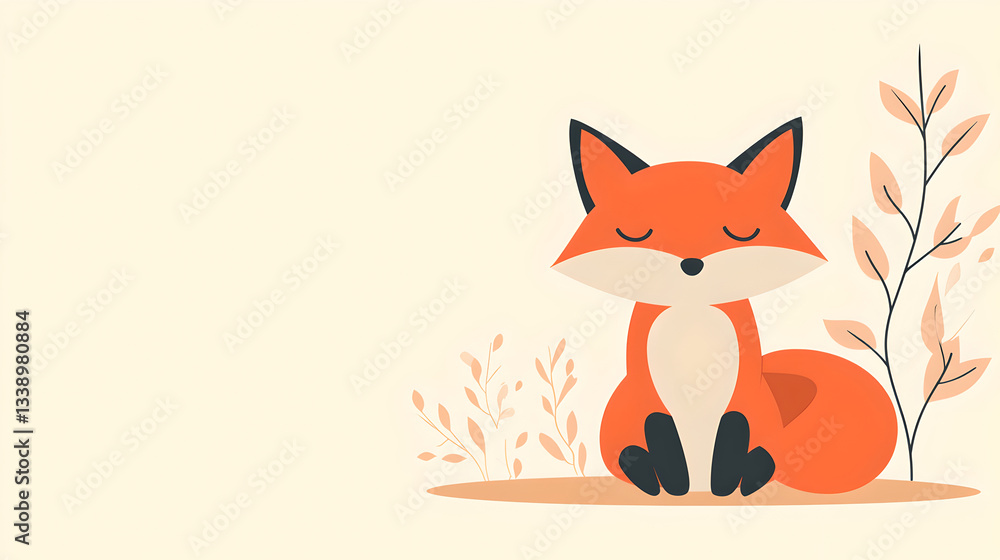 Obraz premium A charming, cartoon fox with closed eyes sits amongst stylized autumn leaves on a light beige background.