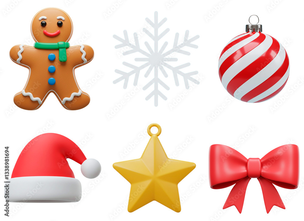 Christmas holiday decoration set with a gingerbread man, snowflake, festive ornaments, Santa hat, shining star, and decorative bow in 3D design, isolated on transparent background Christmas holiday decoration set with a gingerbread man, snowflake, festive ornaments, Santa hat, shining star, and decorative bow in 3D design, isolated on transparent background